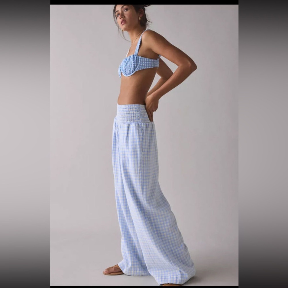 Wide Leg Gingham Pants in Light Blue NWOT